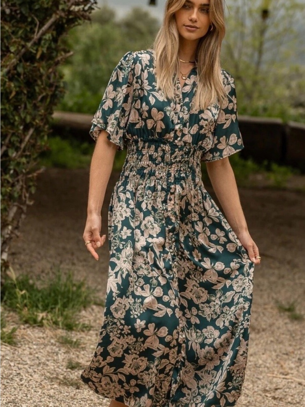 Bohme Emerald Green Floral Smocked Midi Dress satin women's Size Large